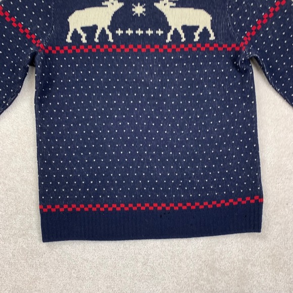 FLAW J.Crew Sweater Mens M Navy Blue Lambswool Reindeer Snowflake Fair Isle - Picture 4 of 14